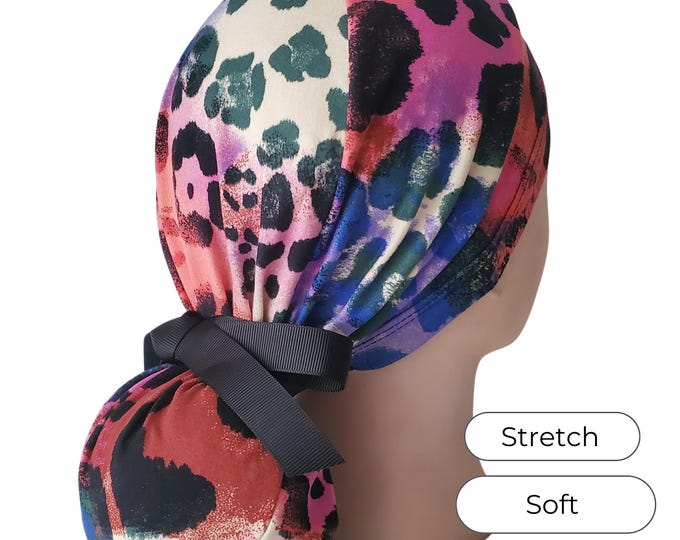 Stretch Ponytail Scrub Cap: multicolor abstract leopard print, adjustable, medical scrub hat