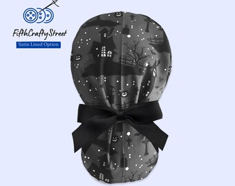 Ponytail Scrub Cap - Ponytail Scrub Caps for Women Hunting House Black - Satin Lining option - FifthCraftyStreet