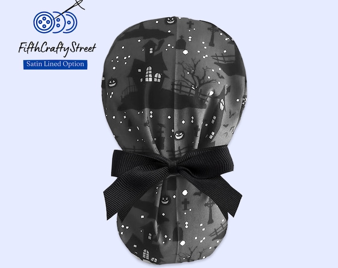 Ponytail Scrub Cap - Ponytail Scrub Caps for Women Hunting House Black - Satin Lining option - FifthCraftyStreet