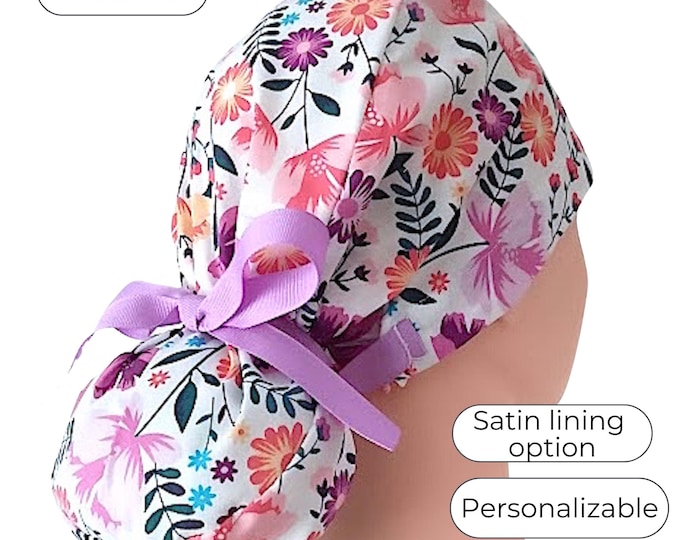 Floral Ponytail Scrub Cap for Women - Surgical Cap with Satin Lined option - FifthCraftyStreet