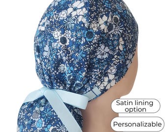 Navy Blue Floral Ponytail Scrub Cap Satin Lined Surgical Hat for Women