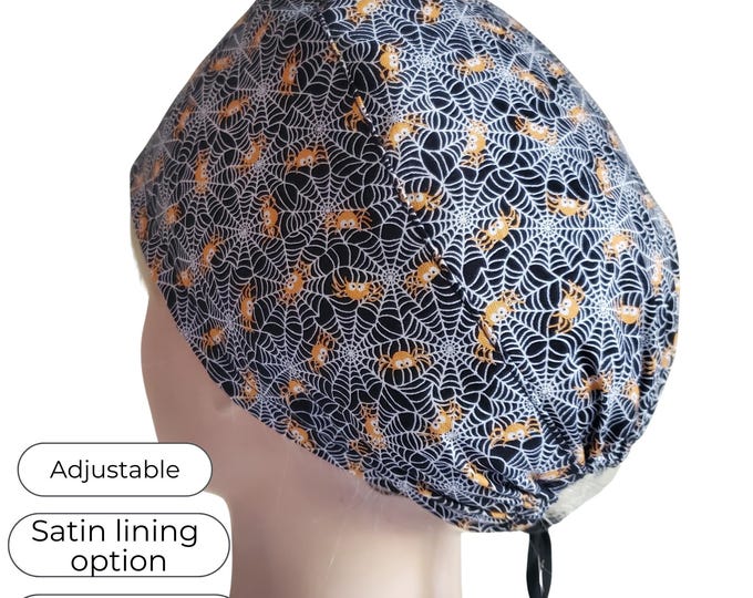 Scrub Cap Tie Back Adjustable: Black Spider Web,Satin Lining, Buttons Options, Personalizable