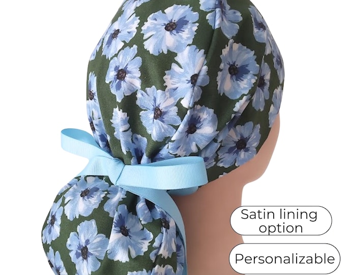 Ponytail Scrub Cap for Women - Floral Surgical Cap Satin Lined Option - FifthCraftyStreet
