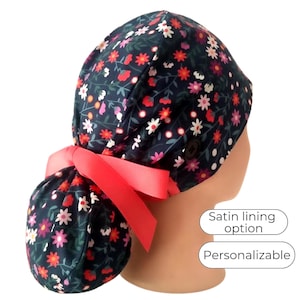 Satin Lined Surgical Scrub Cap - Navy with Coral Ribbons - FifthCraftyStreet