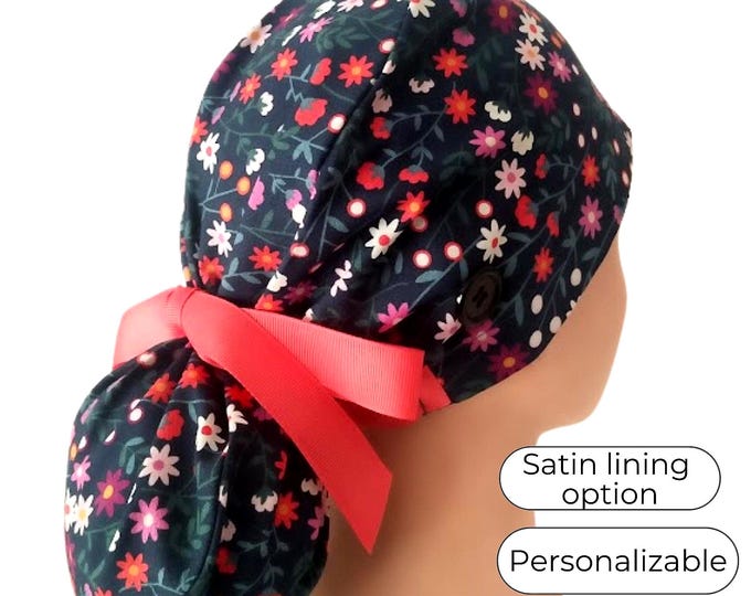 Satin Lined Surgical Scrub Cap - Navy with Coral Ribbons - FifthCraftyStreet