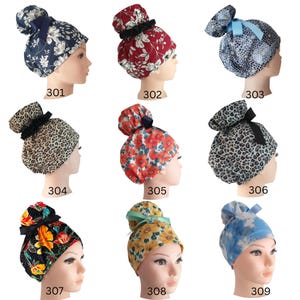 Floral satin lined high bun surgical cap for women