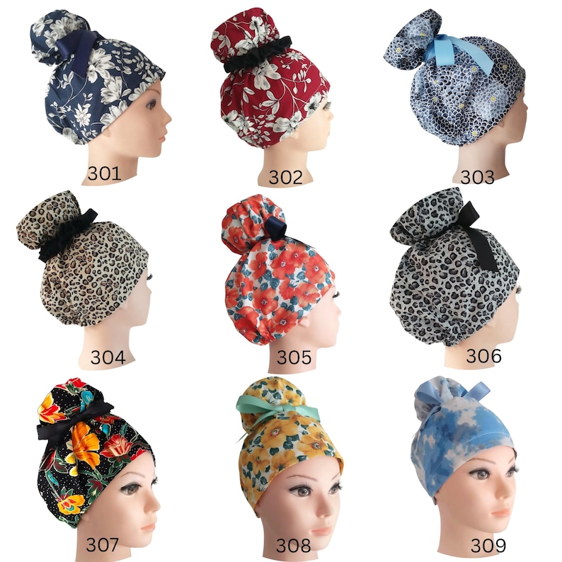 Floral satin lined high bun surgical cap for women