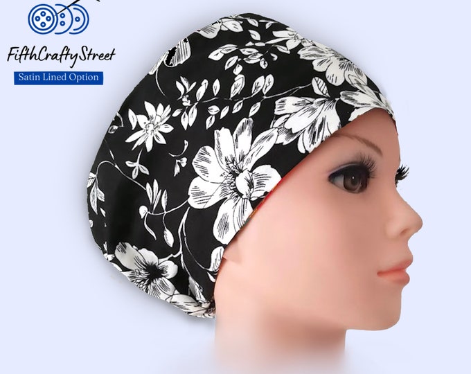 Euro Scrub Caps - Adjustable - Satin Lining option - Floral Black White - FifthCraftyStreet
