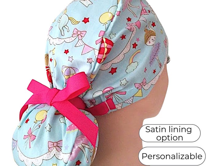 Carousel Ponytail Scrub Cap with Satin Lining Option - FifthCraftyStreet
