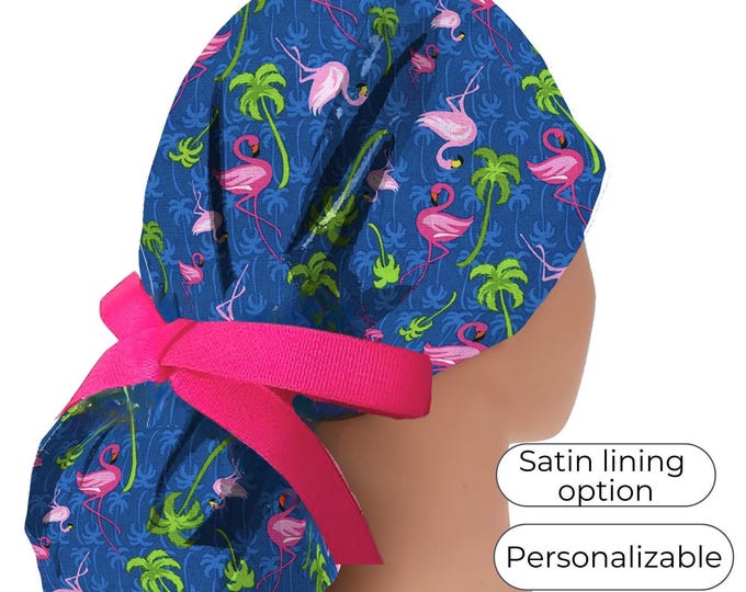 Flamingo Ponytail Scrub Cap for Women - Surgical Cap with Silky Satin Lining Option -