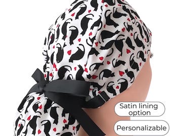 Black Cat with Red Hearts Ponytail Scrub Cap Satin Lined Surgical Hat for Women