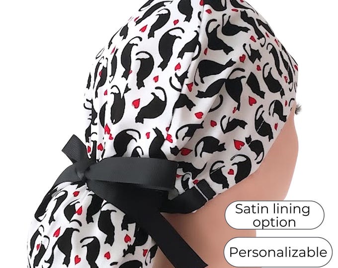Black Cat with Red Hearts Ponytail Scrub Cap Satin Lined Surgical Hat for Women