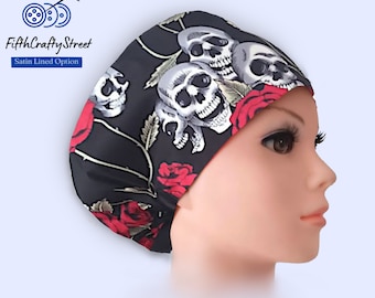 Euro Scrub Caps - Adjustable - Satin Lining option - Skeleton Skull