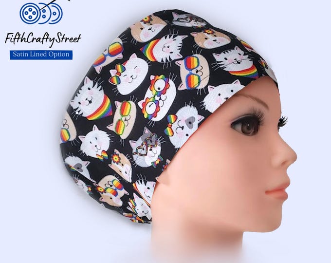 Euro Scrub Cap - Adjustable - Satin Lining option - Surgical Cap - Rainbow Cat - FifthCraftyStreet