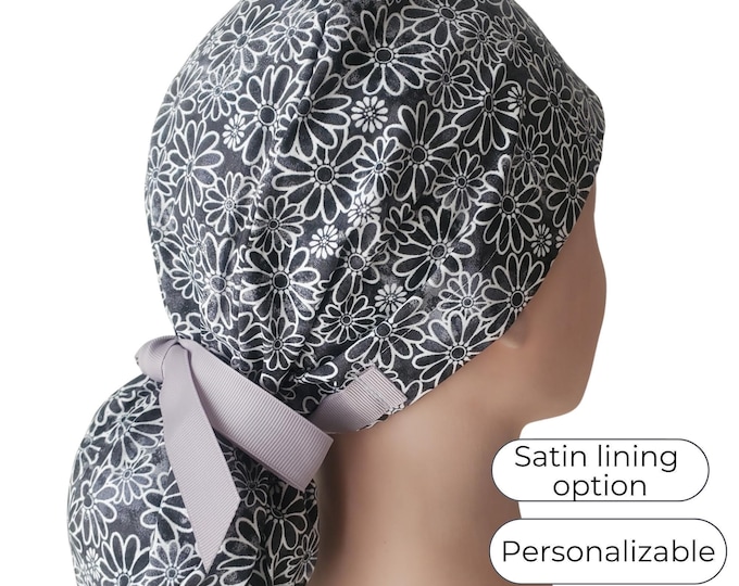 Midnight Daisy  - Ponytail Scrub Cap for Women - Surgical Cap Satin Lined Option