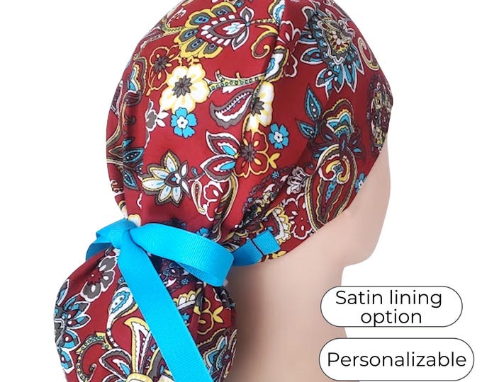 Ponytail Scrub Cap for Women - Surgical Cap - Satin Lining Option - Floral - FifthCraftyStreet