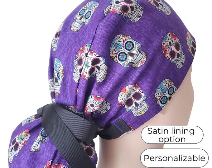 Ponytail Scrub Cap for Women - Sugar Skull - Surgical Cap with Satin Lining option - FifthCraftyStreet