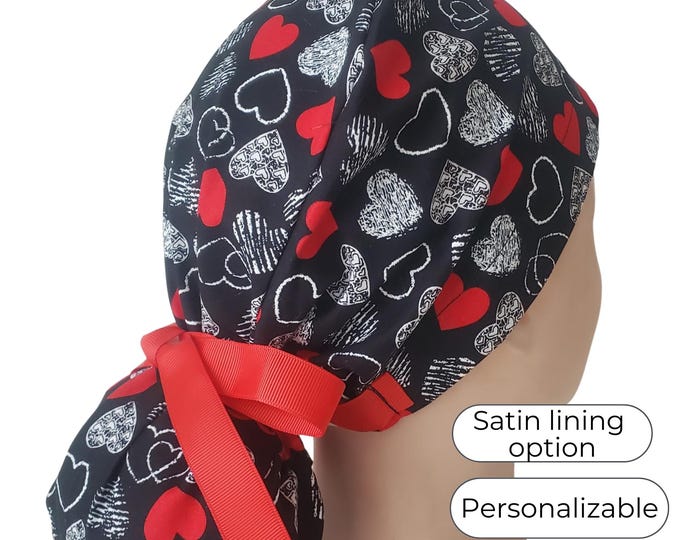 Sweethearts - Ponytail Scrub Cap for Women - Surgical Cap Satin Lined Option - FifthCraftyStreet