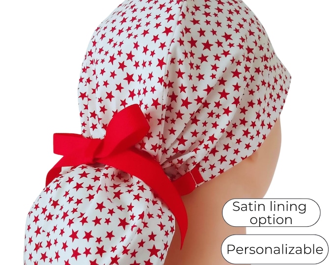 Patriotic - 4th July - Surgical Cap  - Satin Lining option - Red stars on White - FifthCraftyStreet
