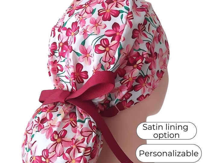 Satin Lined option Ponytail Scrub Cap for Women - Floral Surgical Cap with ribbon -