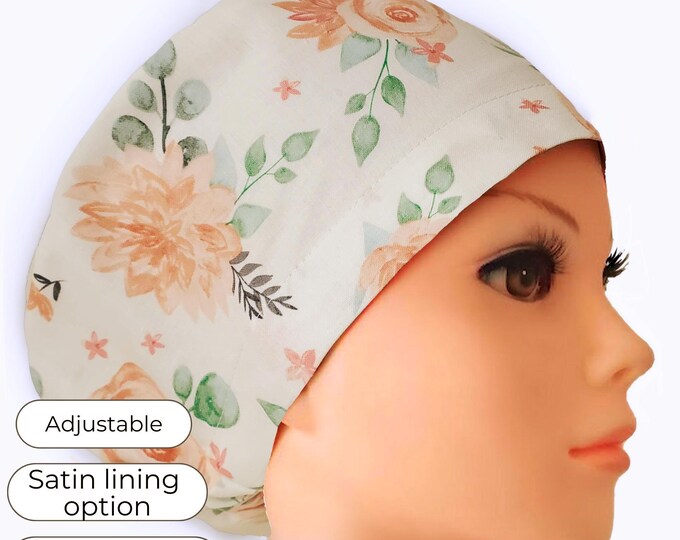 Euro Scrub Cap Peach Roses on Cream – Adjustable | Optional Satin Lining | Personalizable