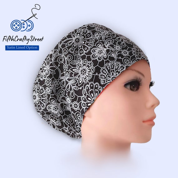 Euro Scrub Caps - Adjustable - Satin Lining option - Daisy Black & White