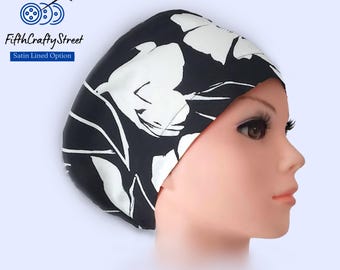 Euro Scrub Caps  - Adjustable - Satin Lining option - Floral Black White -