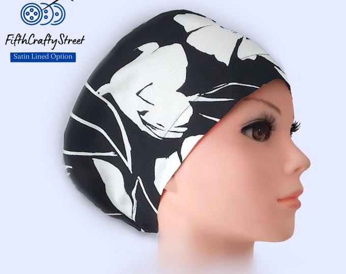 Euro Scrub Caps  - Adjustable - Satin Lining option - Floral Black White - FifthCraftyStreet