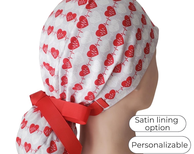 Love in Every Beat - Ponytail Scrub Cap for Women - Surgical Cap Satin Lined Option -