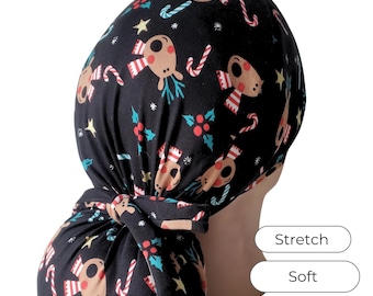 Stretch Ponytail Scrub Cap: Adjustable Toggle, Long Hair, Christmas Reindeer