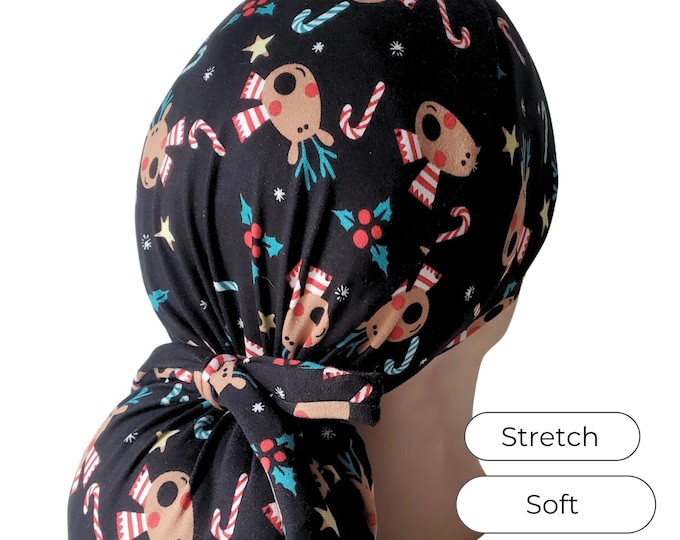 Stretch Ponytail Scrub Cap: Adjustable Toggle, Long Hair, Christmas Reindeer