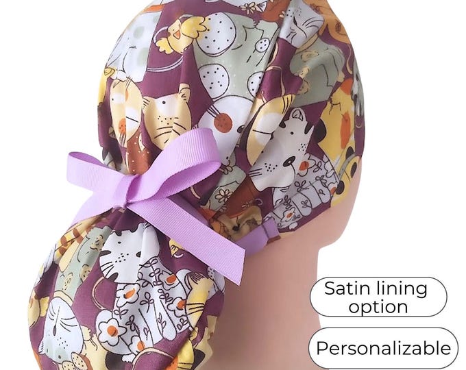 Ponytail Scrub Cap - Surgical Cap with Silky Satin Lining Option - Cats