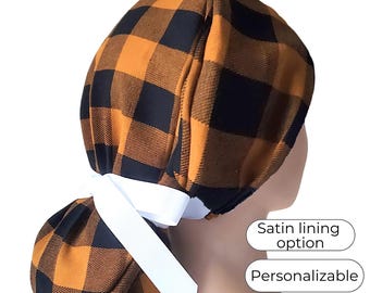 Christmas ponytail scrub cap in rust and black buffalo plaid flannel, satin lined option