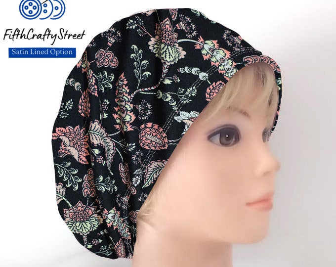 Stretchy Scrub Caps - Surgical Euro Scrub Cap - Black Paisley - FifthCraftyStreet