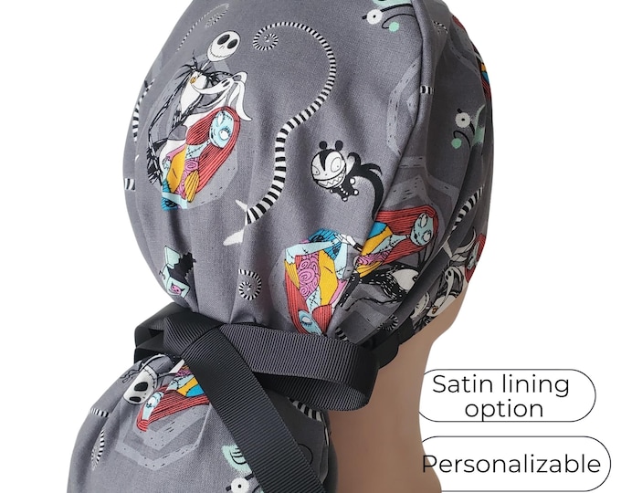 Ponytail Scrub Cap for Women with Satin Lined Option : Halloween print