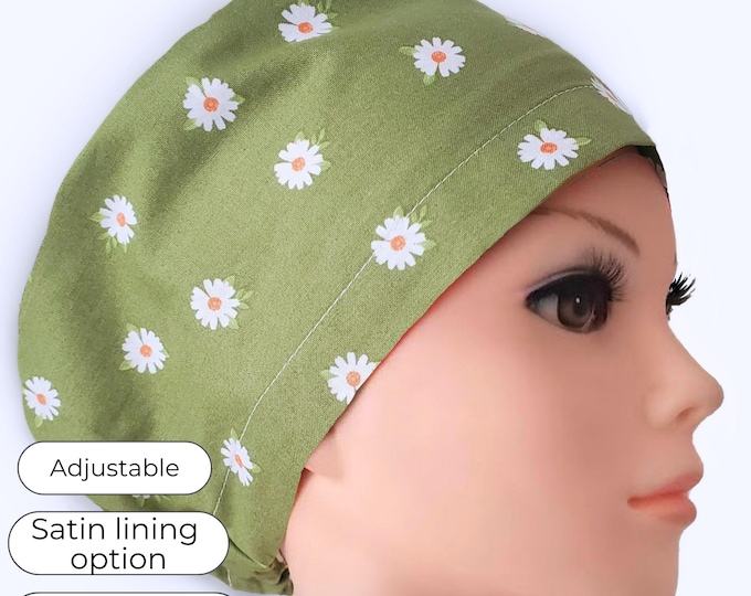 Green Daisy Euro Scrub Cap for Nurses – Adjustable | Optional Satin Lining | Personalizable