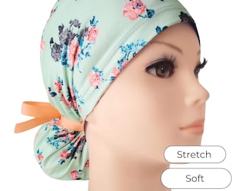 Stretch Ponytail Scrub Cap: mint floral print adjustable nurse hat