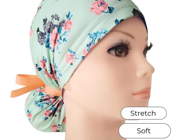 Stretch Ponytail Scrub Cap: mint floral print adjustable nurse hat