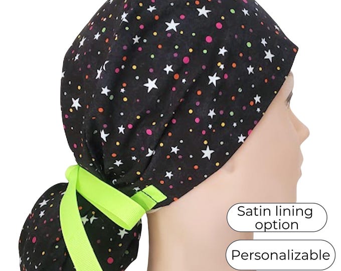 Ponytail Scrub Cap for Women - Glow in the Dark- Surgical Cap with Silky Satin Lining Option - Stars - FifthCraftyStreet