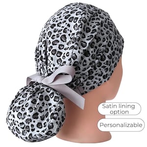 Ponytail Scrub Cap: Gray Leopard Print - Cotton with Satin Lining Option