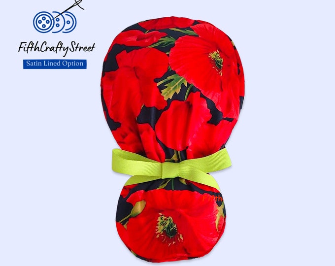 Satin Lined option Ponytail Scrub Cap for Women - Floral Surgical Cap Red - FifthCraftyStreet