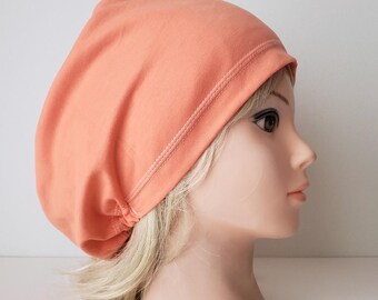 stretchy scrub cup, surgical euro hat, solid Peach organic cotton -