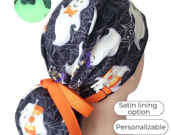 Ponytail Scrub Cap for Women - Glow in the Dark- Surgical Cap with Silky Satin Lining Option - Ghost - Halloween - FifthCraftyStreet