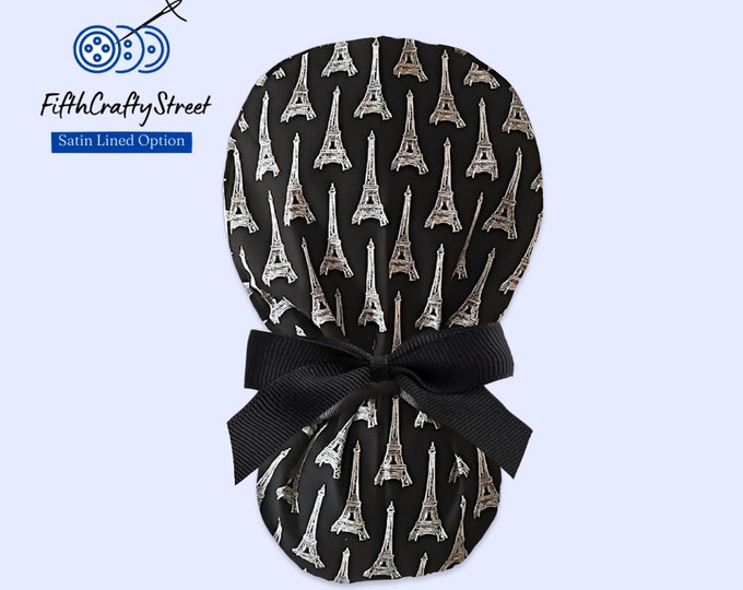 Love Paris - Eiffel Tower - Ponytail Scrub Caps for Women - Surgical Cap with Silky Satin Lining Option - FifthCraftyStreet