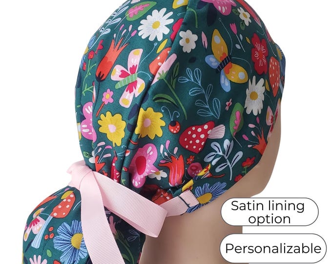 Scrub Cap Ponytail Style,  Teal Garden, Mushroom: Satin Lining and Personalization Option