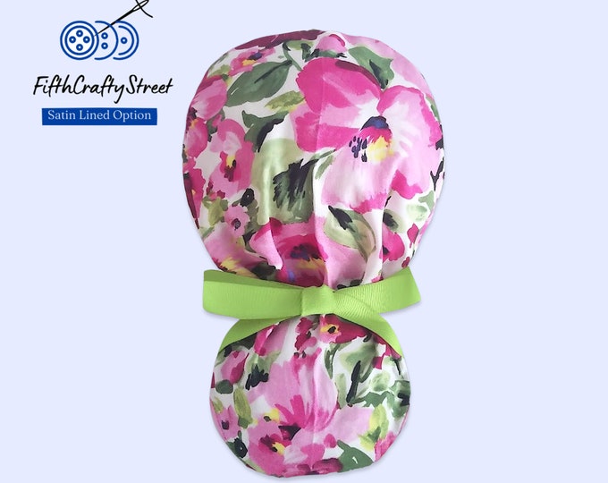 Satin Lined Scrub Cap with Ponytail Holder - Floral Surgical Cap for Women - FifthCraftyStreet
