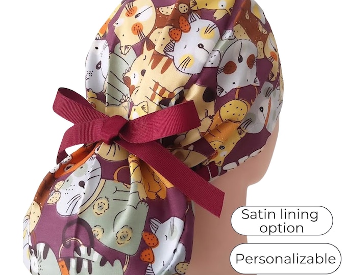 Cats Ponytail Scrub Cap - Surgical Cap with Silky Satin Lining Option -