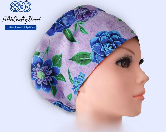 Purple Garden - Euro Scrub Cap - Adjustable - Satin Buttons Lined option