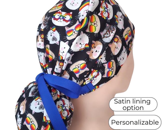 Ponytail Scrub Cap for Women: Rainbow Cats, Satin Lining Option