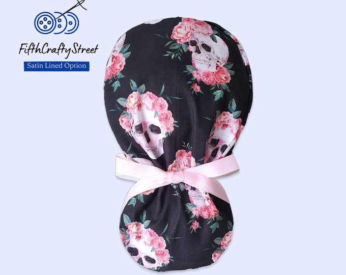 Halloween Ponytail Scrub Cap - Skull Surgical cap for Women - Satin Lining option - FifthCraftyStreet